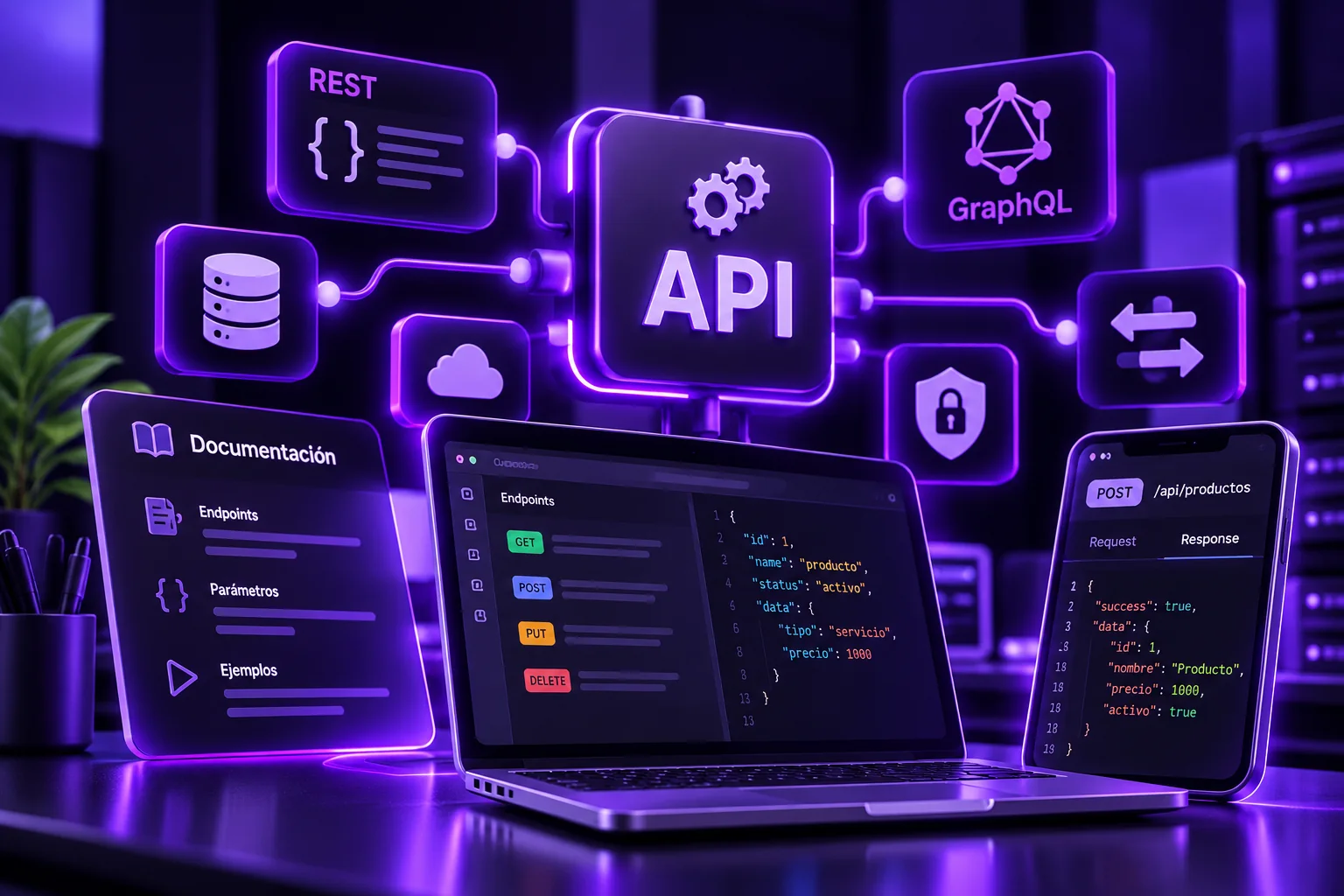 Ilustración de APIs REST y GraphQL conectando aplicaciones, datos y servicios